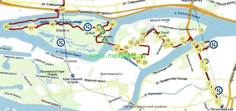 Карта маршрута: "Острова: Петроградский, Аптекарский, Каменный, Елагин" Карта маршрута: "Острова: Петроградский, Аптекарский, Каменный, Елагин"