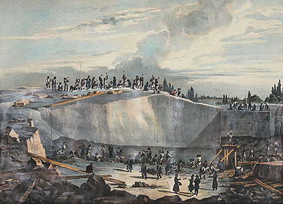 Вид работ в Пютерлакской каменоломне. Литография Бишбуа и Ватто по рисунку О. Монферрана. 1836 г. (Wikimedia Commons)