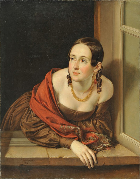 Тропинин В. А. "Женщина в окне (Казначейша)". 1841 г. Русский музей (Wikimedia Commons)