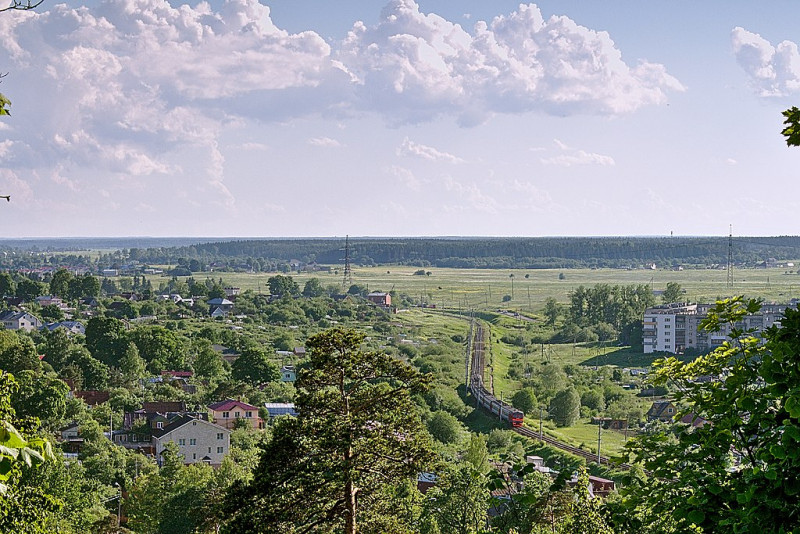Вид с Вороньей горы, железная дорога Лигово - Гатчина-Балтийская. Фото: 508542 (Wikimedia Commons)